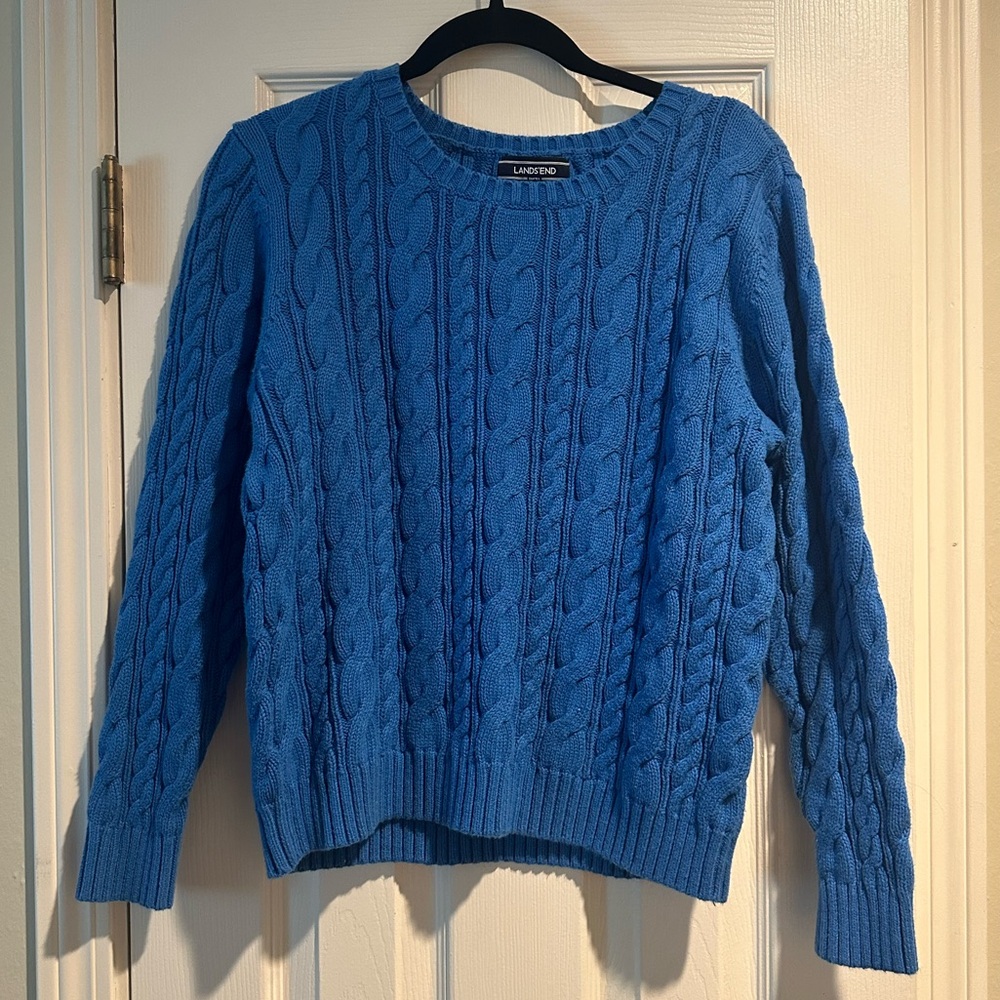 Lands End Blue Cable Knit Cotton Crew Neck Sweater Women’s Size Medium